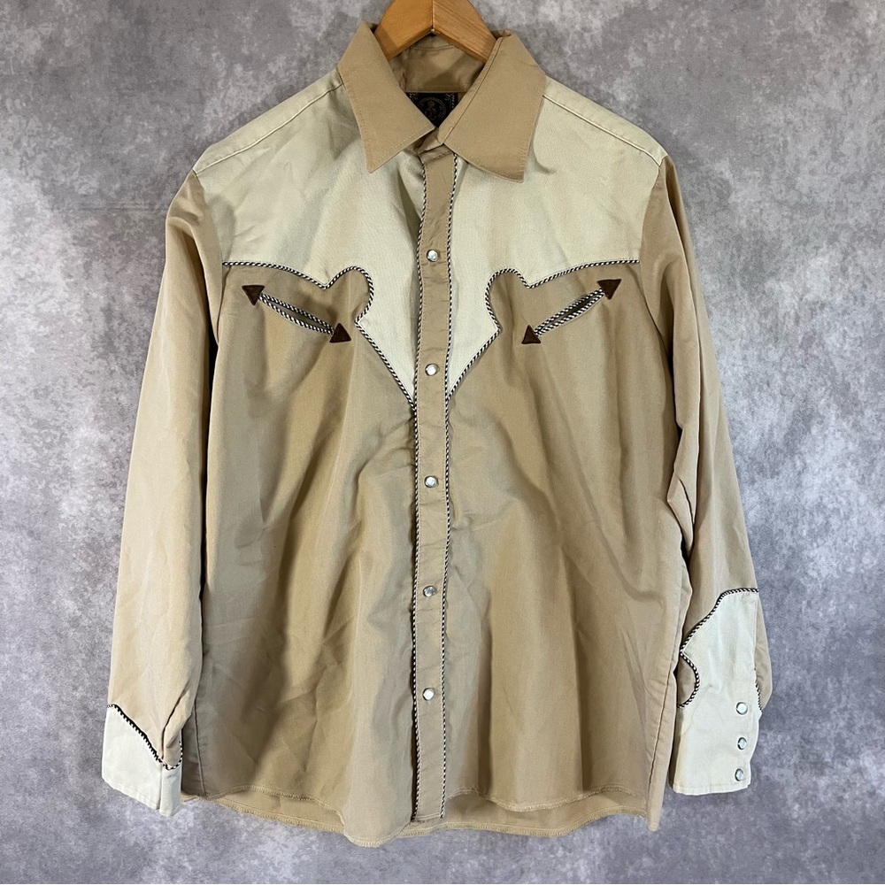 Espuela De Oro Men XL 42 Cowboy Shirt Camisa Pearl Snap Western Wear Beige White